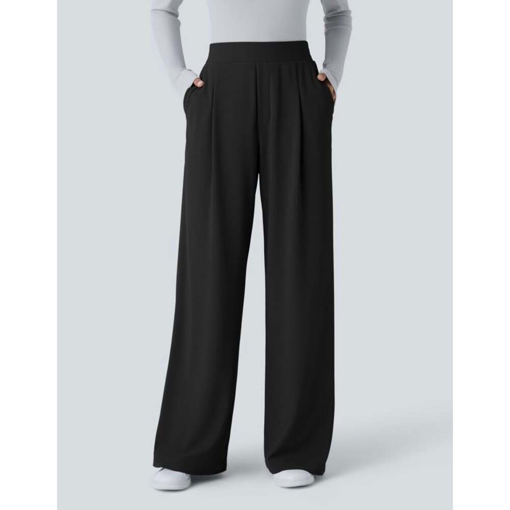 NWT Halara Flex MicroWaffle High Waisted Pocket Wide Leg Work Pants Black Medium